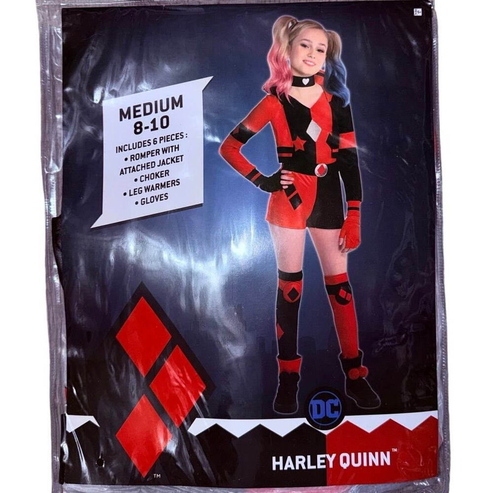 New Harley Quinn Girls Halloween Costume DC Comics Cosplay Size medium 8-10